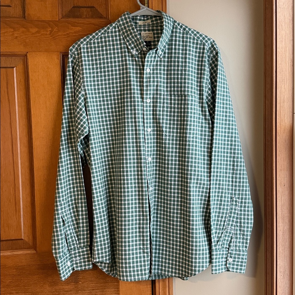 Men’s J. Crew Green and White Checked Slim Fit Button Down shirt Size M